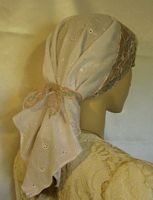 Extra Small White Eyelet Tiechel Mauve Floral Lace Ties Scarf Headcovering