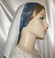Headcovering - Pale Yellow Eyelet Navy Floral Lace Ties Tiechel Scarf