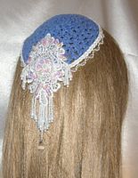 Blue Cotton Chenille Kippah White Venise Trim Applique