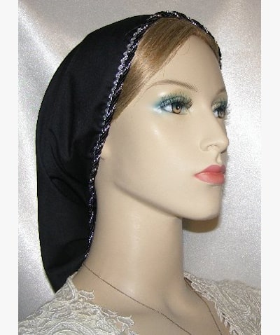 Black Batiste Snood Silver Trim Front Head Cover Black Batiste Silver Trim Snood Headcoverings