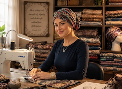 Devorah Channah at her sewing machine, creating handmade head coverings